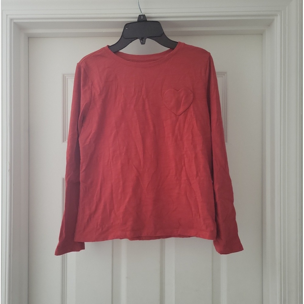 Old Navy Softest Tee Red Long Sleeve Heart Patch Slub Knit Shirt Kids XL